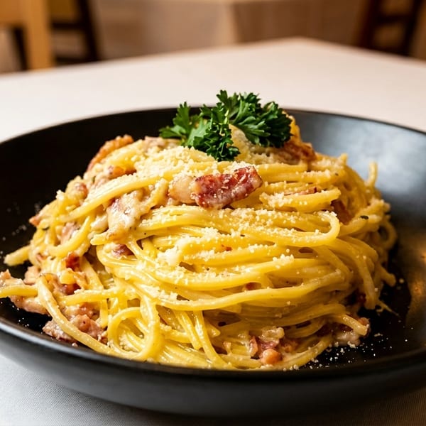 Spaghetti carbonara with bacon, parmesan, and parsley in a black bowl on a white tablecloth.