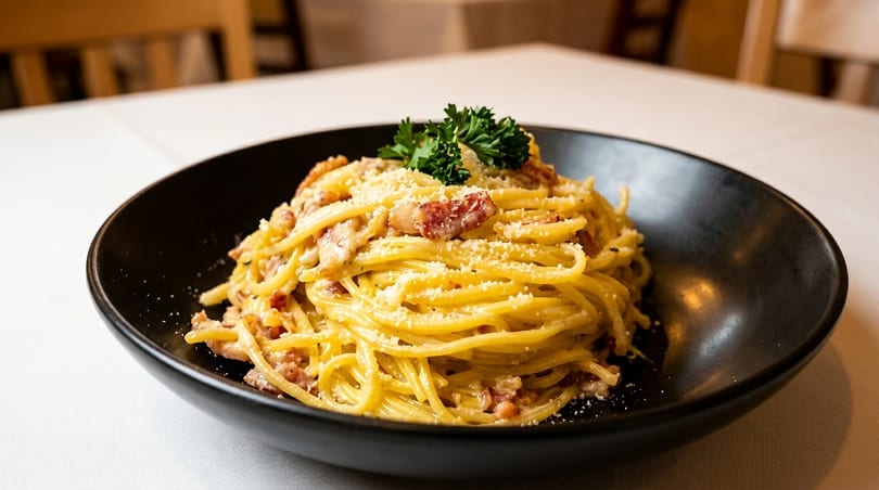 Spaghetti carbonara with bacon, parmesan, and parsley in a black bowl on a white tablecloth.