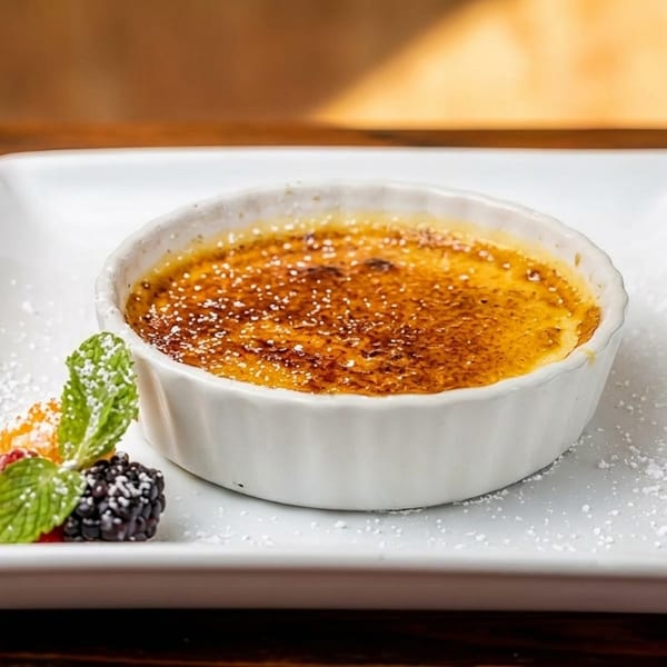 Crème brûlée in a white ramekin with berries and mint on a white plate.