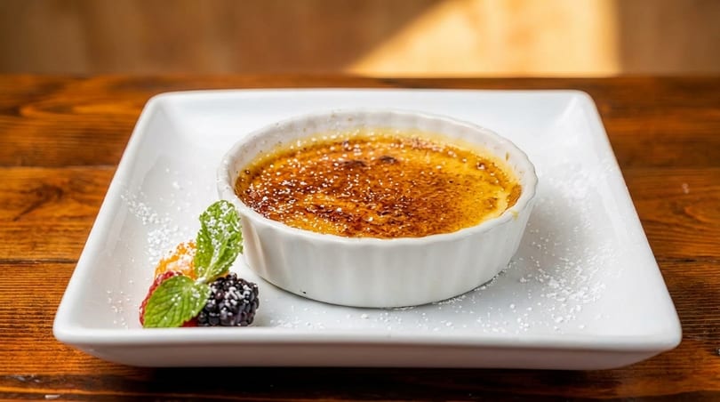 Crème brûlée in a white ramekin with berries and mint on a white plate.