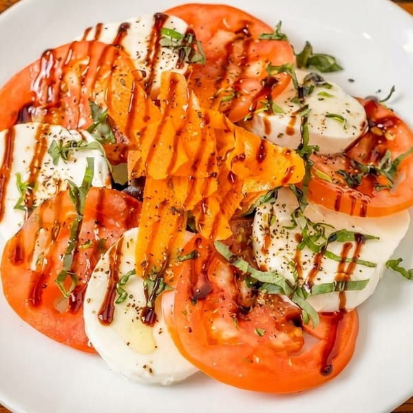 Caprese salad with sliced tomatoes, mozzarella, basil, balsamic glaze, and carrot ribbons on a white plate.