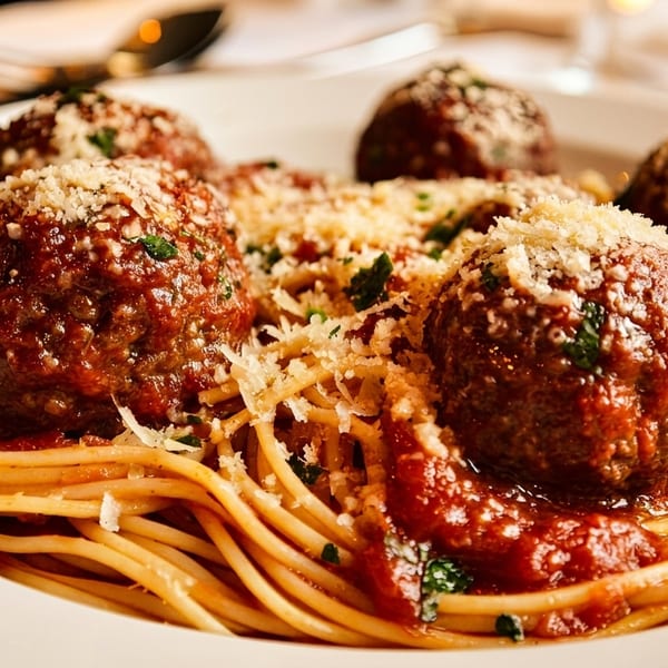 Spaghetti and meatballs with red sauce and grated cheese on a white plate.