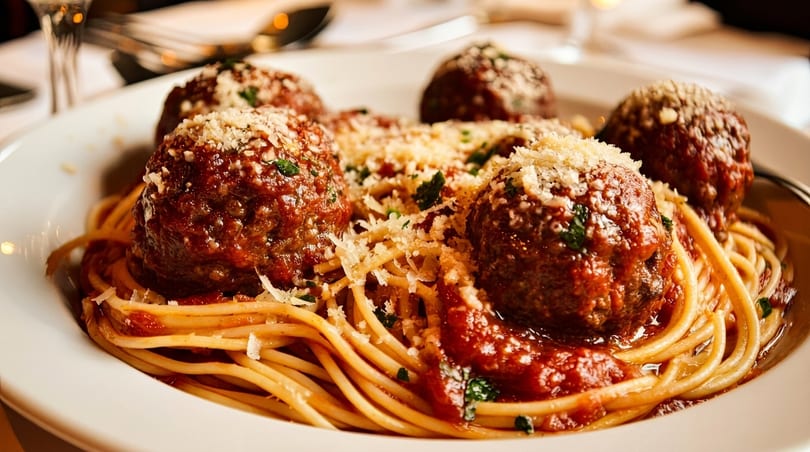 Close-up of spaghetti and meatballs with red sauce, parmesan cheese, and parsley on a white plate.