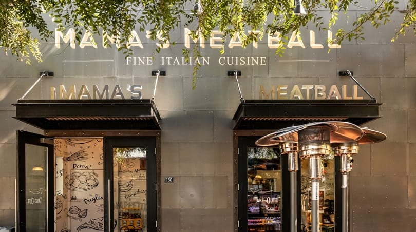 Mama's Meatball restaurant exterior with "Fine Italian Cuisine" signage and open doors.