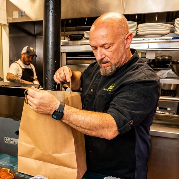 A chef in a black uniform carefully places items into a brown paper bag in a busy kitchen.