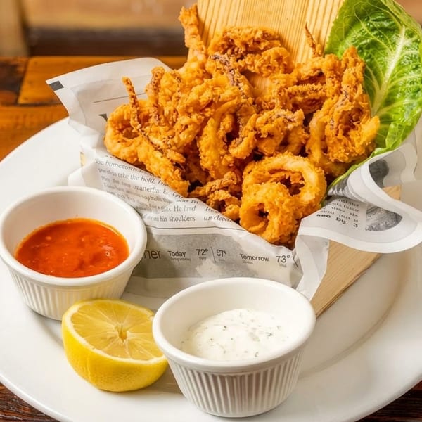 Crispy fried calamari served in a basket with lettuce, lemon, and two dipping sauces on a wooden table.