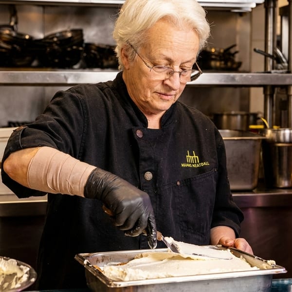 A chef in a black uniform with "Mamas Meatball" logo spreads white cream in a metal pan.